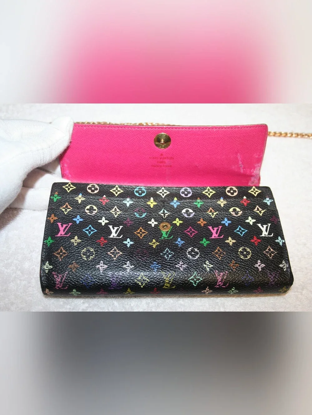 Louis Vuitton & Mirakami Collaboration Print! Black & Pink Colorful Long Wallet.